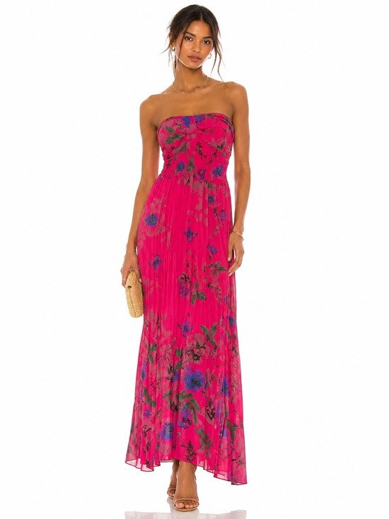 Dresses & Skirts - Made in Italy Strapless Floral Maxi Dress Hot Pink Smocked Bodice Elastic Back